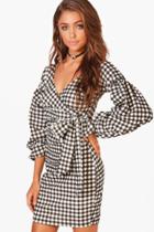 Boohoo Gigi Gingham Ruffle Sleeve Bodycon Dress Black