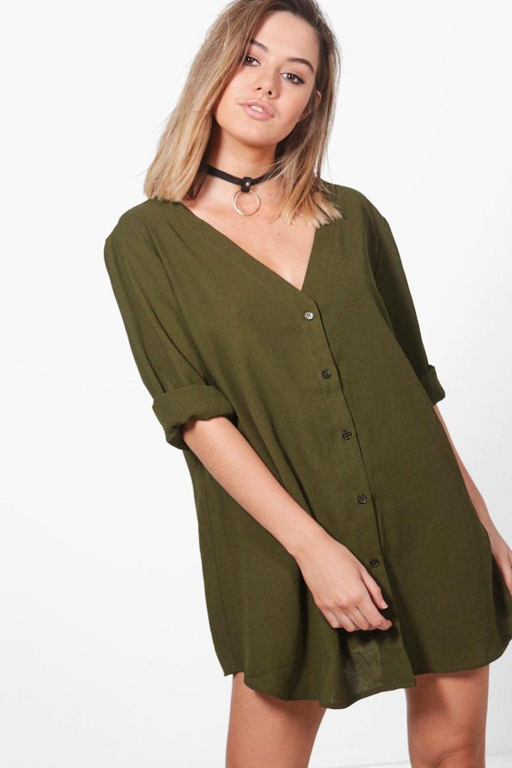 Boohoo Petite Hana V Neck Off The Shoulder Shirt Dress Khaki