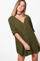 Boohoo Petite Hana V Neck Off The Shoulder Shirt Dress Khaki