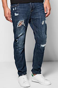 Boohoo Relaxed Curved Rip And Repair Distressed Jeans