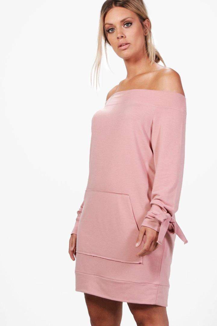 Boohoo Plus Emily Off The Shoulder Tie Sleeve Sweat Dress Blush