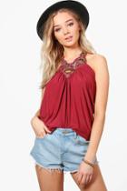 Boohoo Elizabeth Embroidered Strap Top Wine