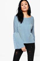 Boohoo Isabel Stripe Flare Sleeve Top Blue