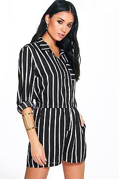 Boohoo Leah Monochrome Stripe Shirt Playsuit