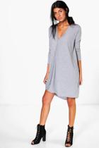 Boohoo Zoe Dipped Hem Wrap Drape Midi Dress Grey