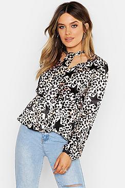 Boohoo Satin Leopard Star Print Pussy Bow Blouse