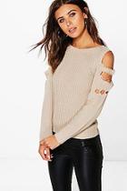 Boohoo Petite Lauren Distressed Cold Shoulder Jumper