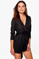 Boohoo Harriet Wrap Over Belted Woven Playsuit Black