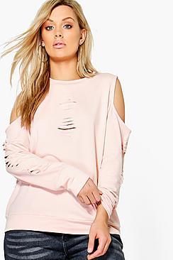 Boohoo Plus Anya Distressed Cold Shoulder Sweat