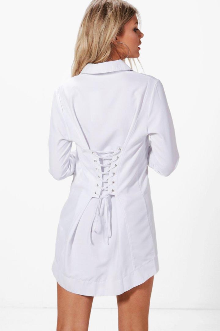 Boohoo Petite Nicola Corset Back Detail Shirt Dress White