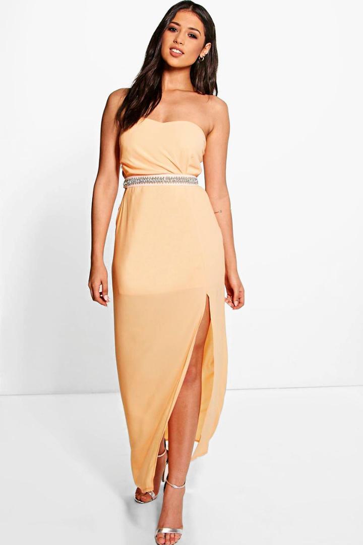 Boohoo Boutique Mai Embellished Waist Maxi Dress Apricot