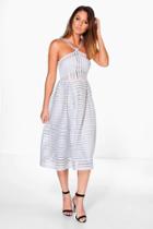 Boohoo Niamh Striped Panelled Strappy Skater Dress Grey