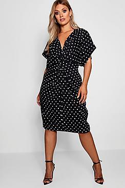 Boohoo Plus Twist Front Polka Dot Midi Dress