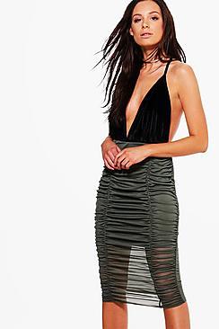 Boohoo Binky Rouched Front Mesh Midi Skirt