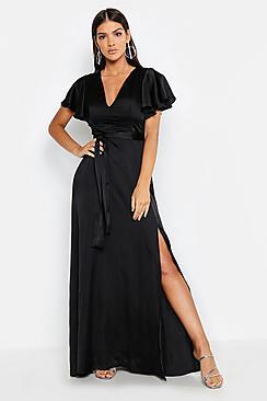Boohoo Satin Frill Sleeve Maxi Dress
