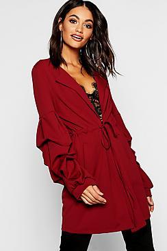 Boohoo Collarless Rouche Sleeve Duster