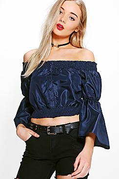 Boohoo Naomi Shirred Button Bardot Top