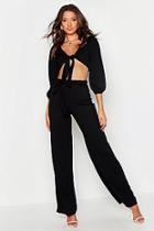 Boohoo Tall Plaited Rib Belted Wide Leg Trouser