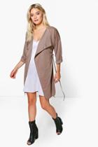 Boohoo Lexi Waterfall Ruched Back Belted Duster Mocha
