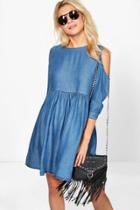 Boohoo Ruby Cold Shoulder Denim Skater Dress Indigo