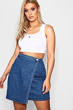 Boohoo Plus Tamsin Wrap Detail Denim Skirt