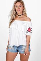 Boohoo Plus Kerry Off The Shoulder Embroidered Ruffle Top