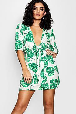 Boohoo Ellie Twist Front Palm Print Dress
