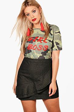 Boohoo Plus Wendy Ruffle Front Denim Skirt