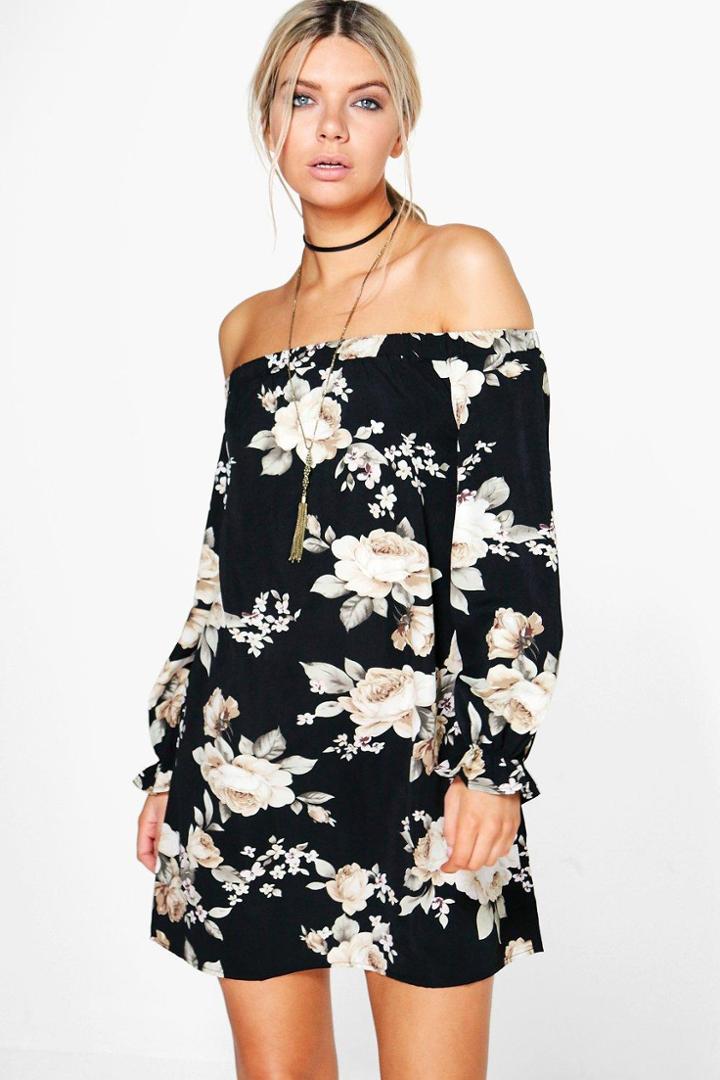 Boohoo Lauren Floral Off Shoulder Shift Dress Black