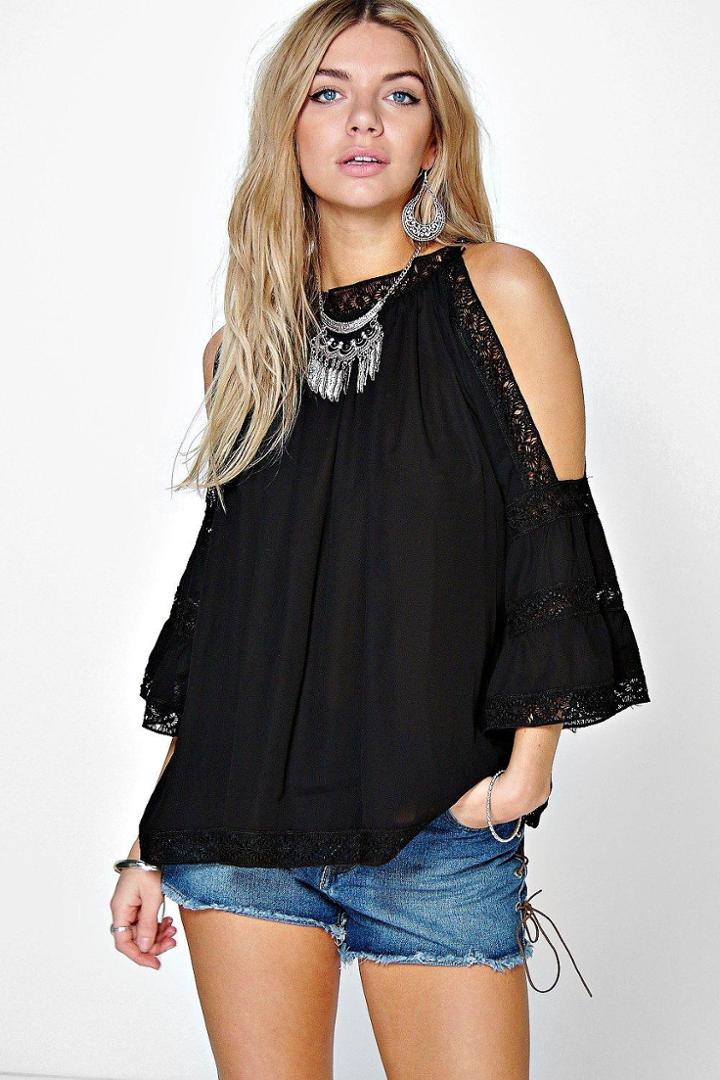 Boohoo Lacey Crochet Trim High Neck Open Shoulder Blouse Black