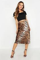 Boohoo Petite Satin Tiger Print Bias Cut Midi Skirt