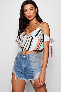 Boohoo Georgie Stripe Wrap Over Tie Sleeve Cami