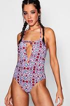Boohoo Mallorca Folk Floral Tile Plunge Swimsuit