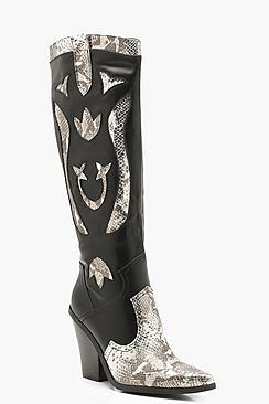 Boohoo Over The Knee Snake Panel Cowboy Boots