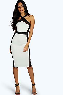 Boohoo Isabella Cross Front Mesh Midi Bodycon Dress