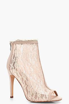 Boohoo Erin Peeptoe Lace Fray Detail Shoe Boots