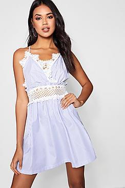 Boohoo Reya Crochet Insert Striped Smock Dress