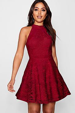 Boohoo Lace High Neck Skater Dress