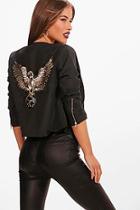 Boohoo Petite Emma Bird Badge Suedette Biker Jacket