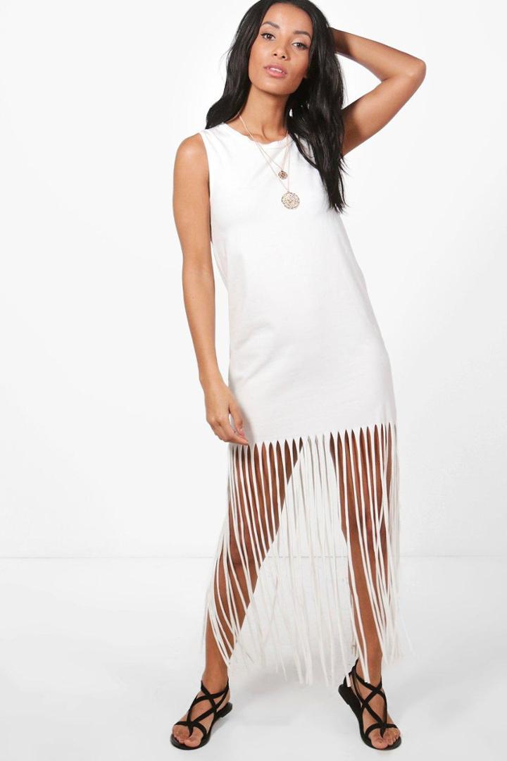 Boohoo Maisie Tassel Jersey Beach Dress White
