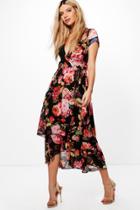 Boohoo Mallory Chiffon Ruffle Floral Print Midi Dress Black