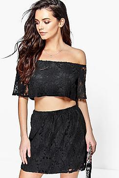 Boohoo Tara Off The Shoulder Lace Top & Skirt Co-ord Set