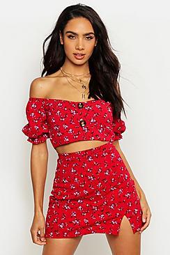 Boohoo Floral Peasant Sleeve Top & Mini Skirt