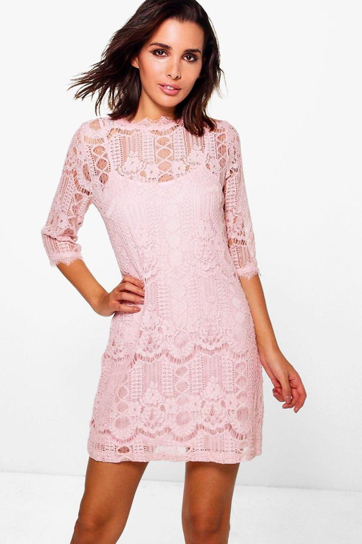Boohoo Ziggy Eyelash Lace Short Sleeve Shift Dress Blush