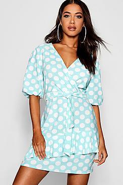 Boohoo Polka Dot Blouson Sleeve Skater Dress