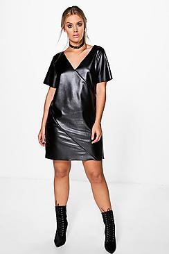 Boohoo Plus Khloe Faux Leather V Neck Shift Dress