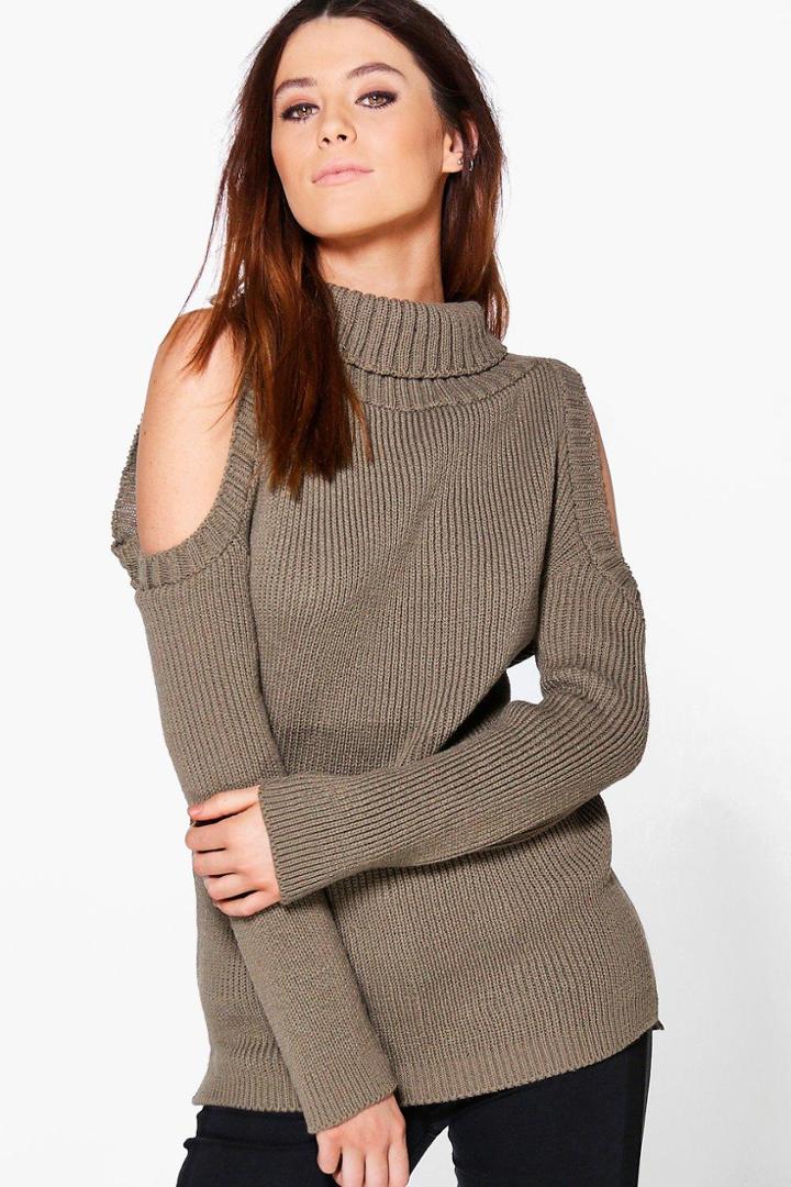 Boohoo Tall Shay High Neck Cold Shoulder Jumper Khaki