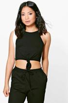 Boohoo Petite Gia Knot Front High Neck Crop Top Black