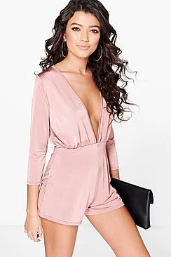 Boohoo Hannah Deep Plunge 3/4 Sleeve Playsuit