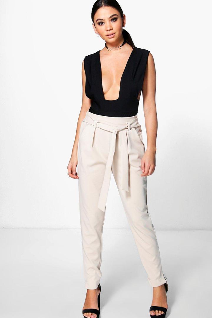Boohoo Evie Tie Waist Woven Slim Fit Trousers Stone